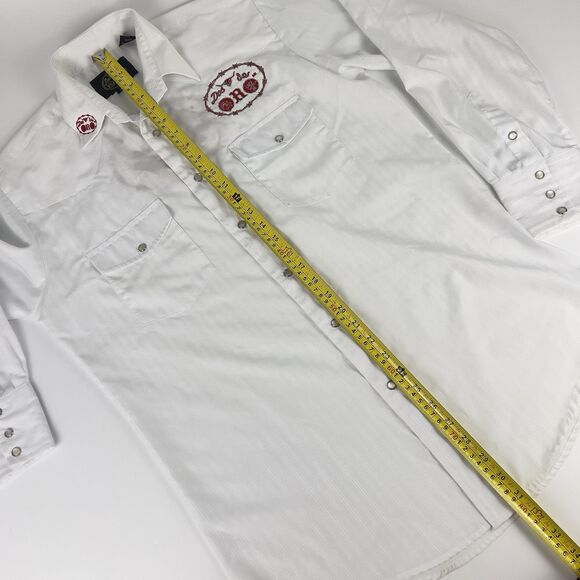 Dos De Oro Rodeo Shirt Sz M Pearl Snap Clean White Red Embroidery Front Back - Picture 7 of 12